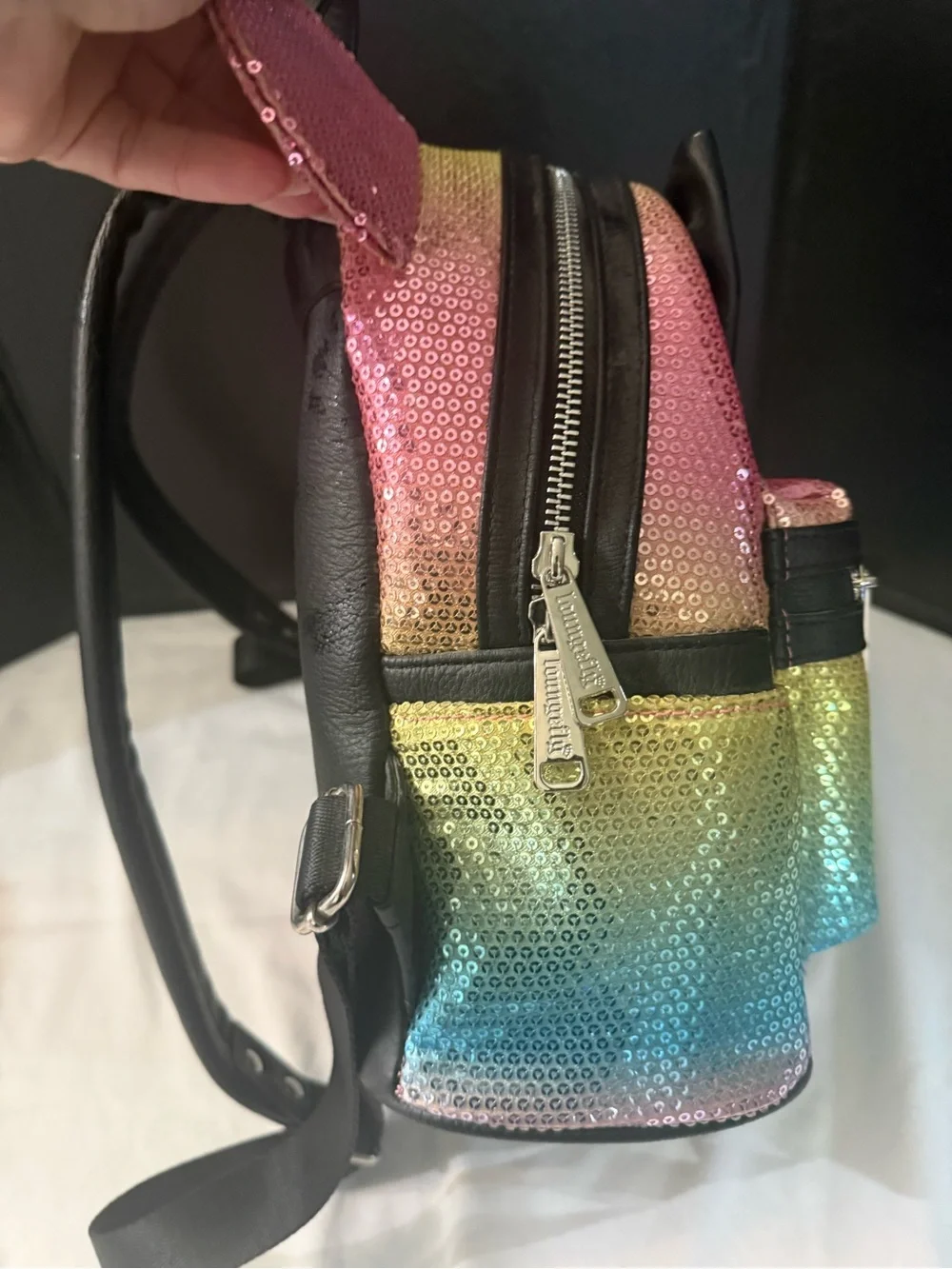 Loungefly Pink and Gold Sequin Ear Mini Backpack with Black Bow